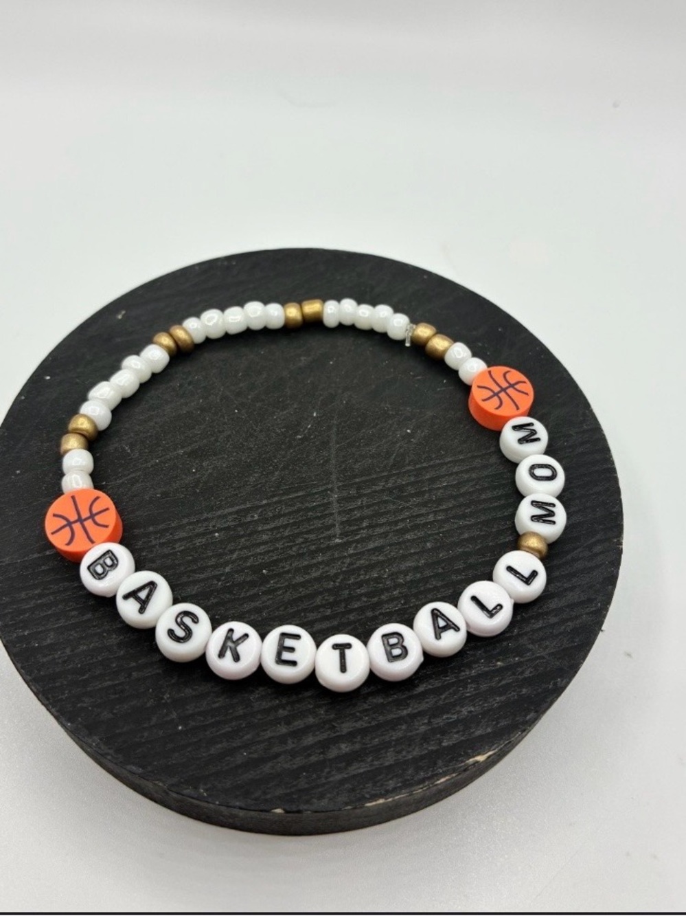 Basketball Mom Beaded Stretch Bracelet - White, gold & Orange